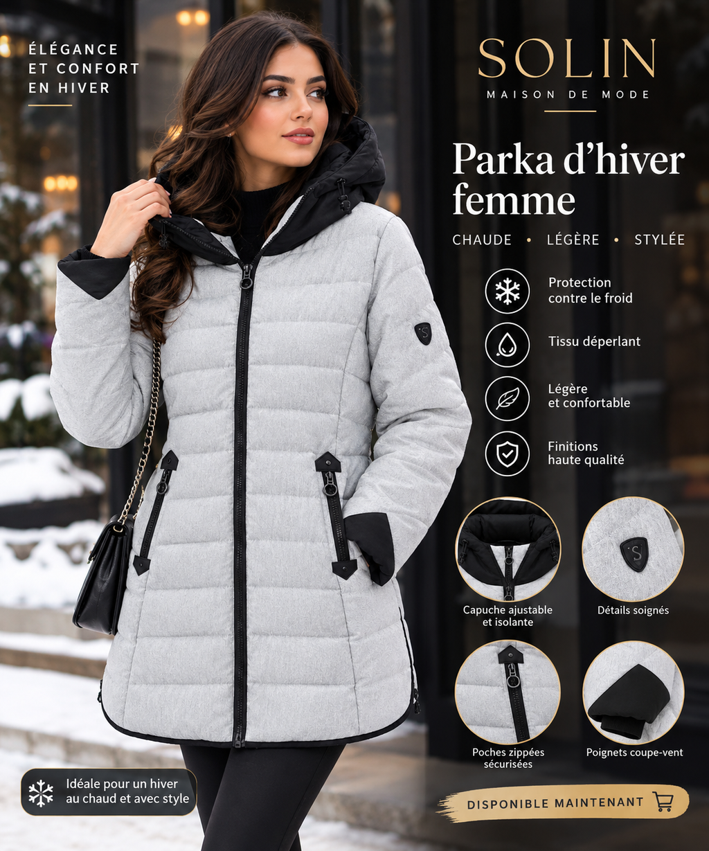 Parka Femme à Capuche – Gris Clair Chiné